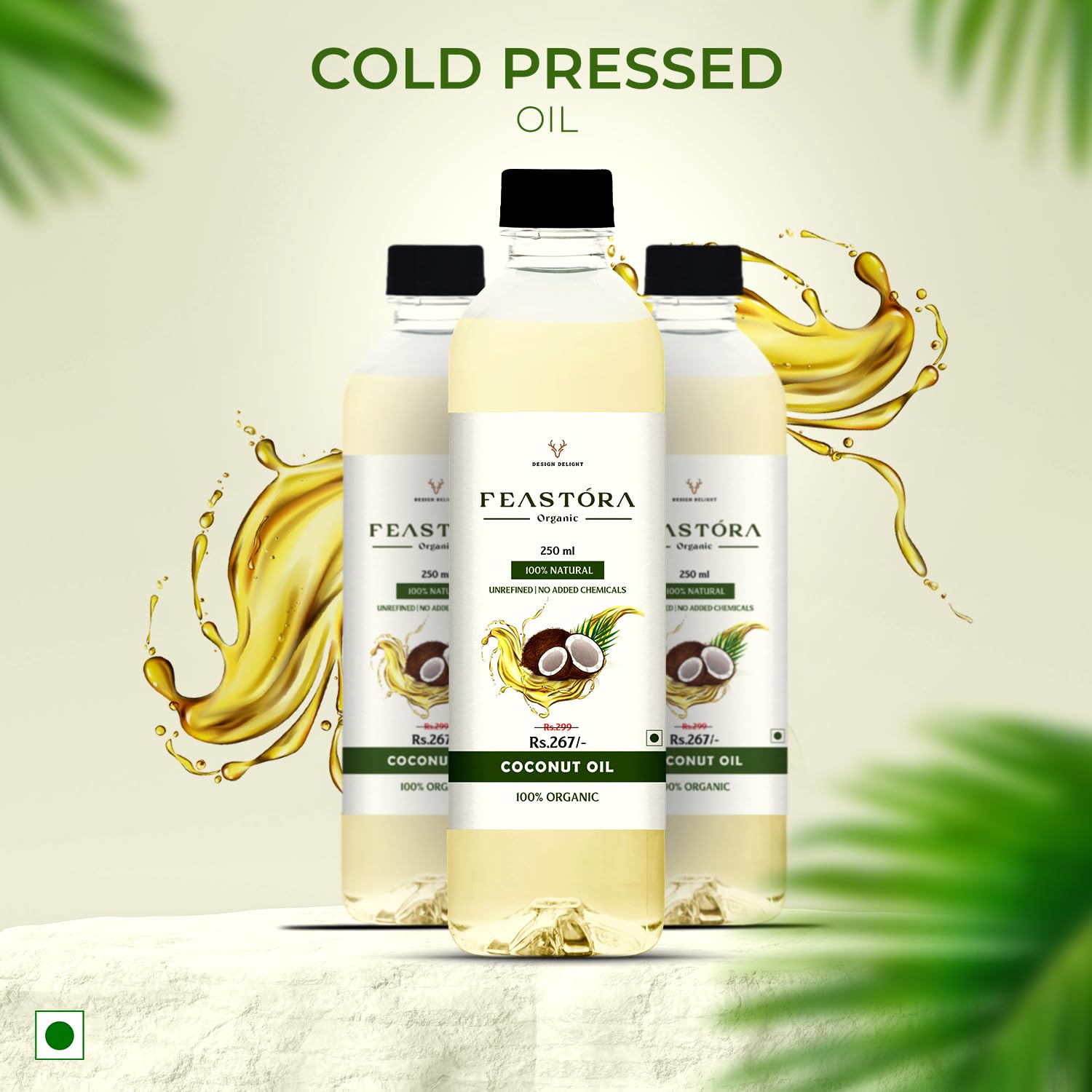 Feastora cold pressed coconut oil bottles