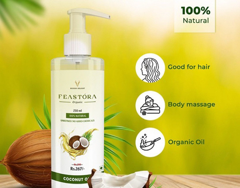 Feastora coconut oil good for hair, massage and cooking