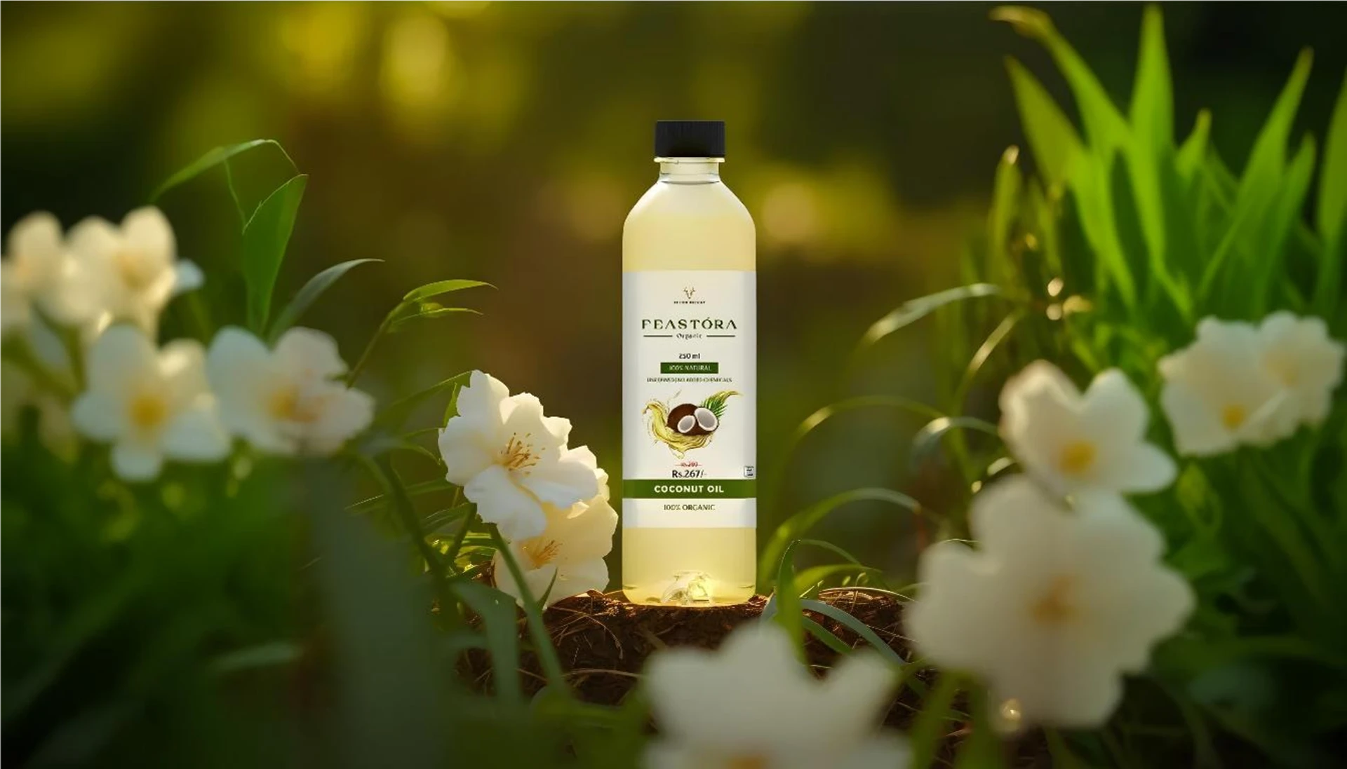 Feastora coconut oil among white jasmine flowers