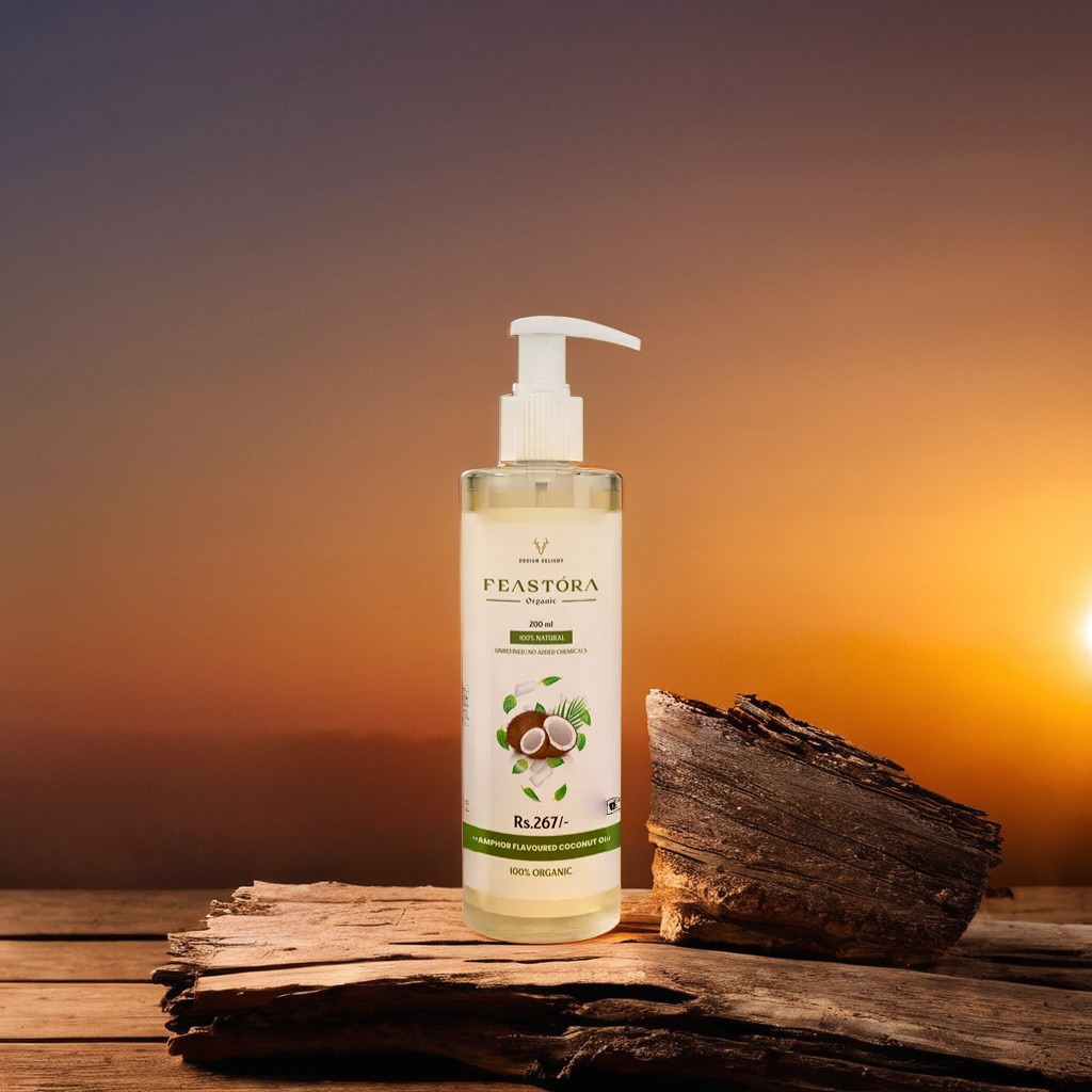 Feastora hair oil pump bottle on a wooden log